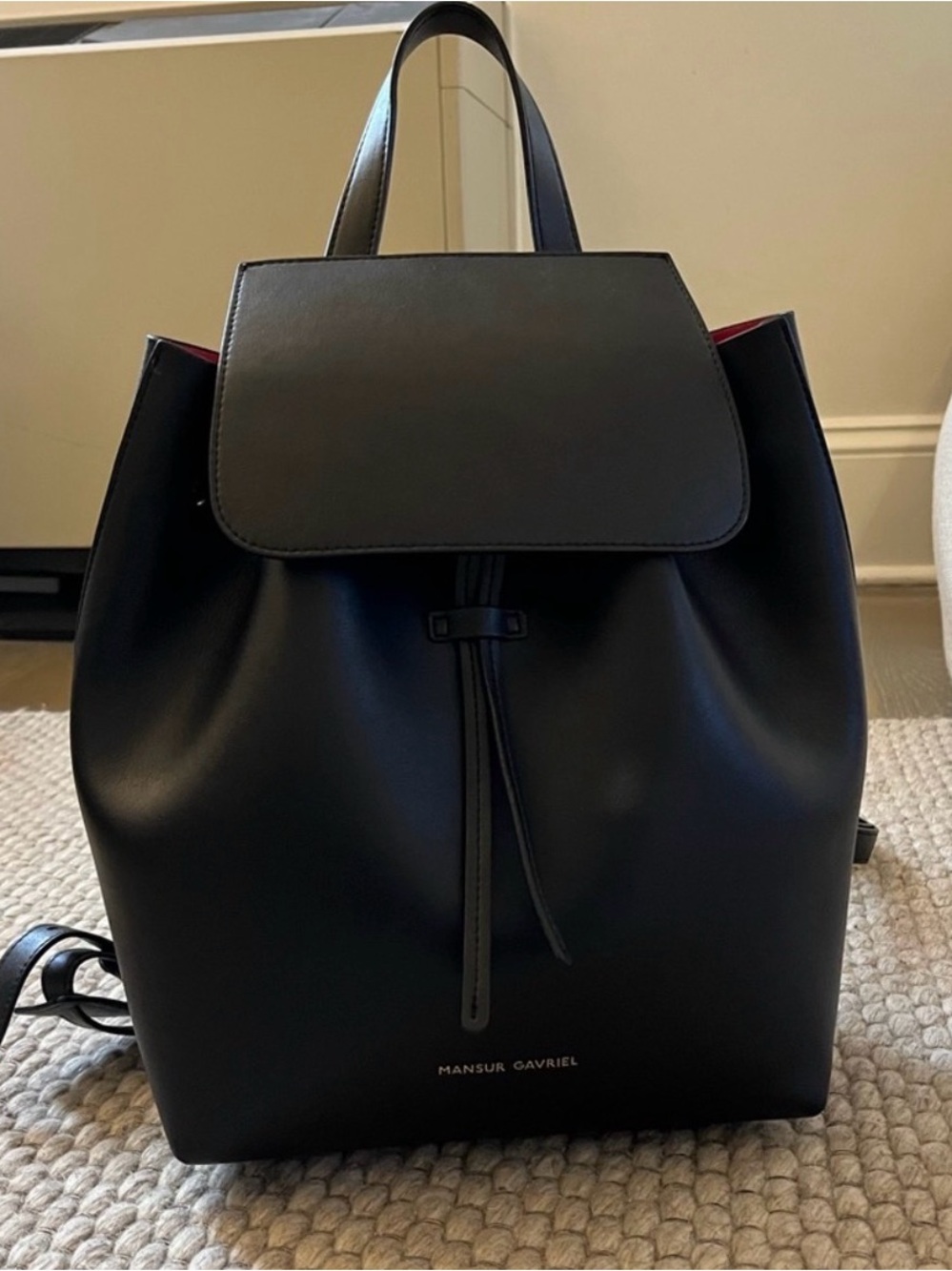 Mansur Gavriel Black Smooth Leather Backpack with Subtle Red Trim